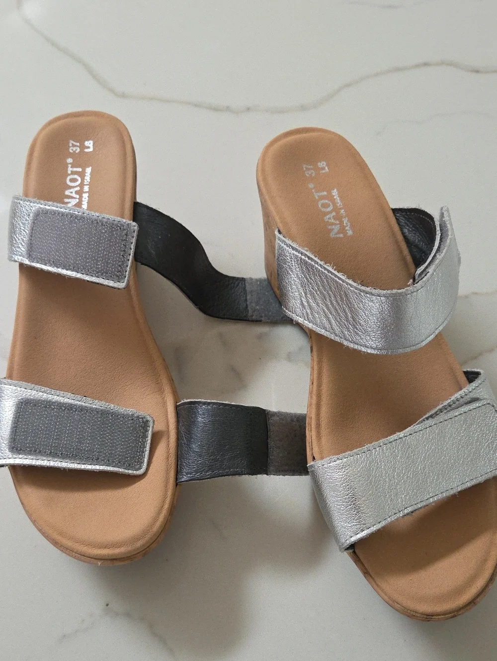 NAOT Leather Silver Cork Wedge Sandals with Double Straps, Size 6 Worn Once!